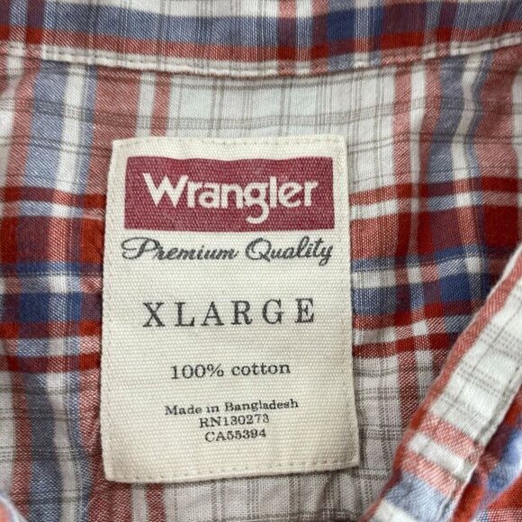 Wrangler Mens XL Plaid Button-Up Shirt Red Blue White 100% Cotton 5856 - Picture 3 of 7
